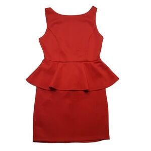 Forever 21 Dress Womens Small Red Peplum Sheath Sleeveless Boat Neck Deep V Back